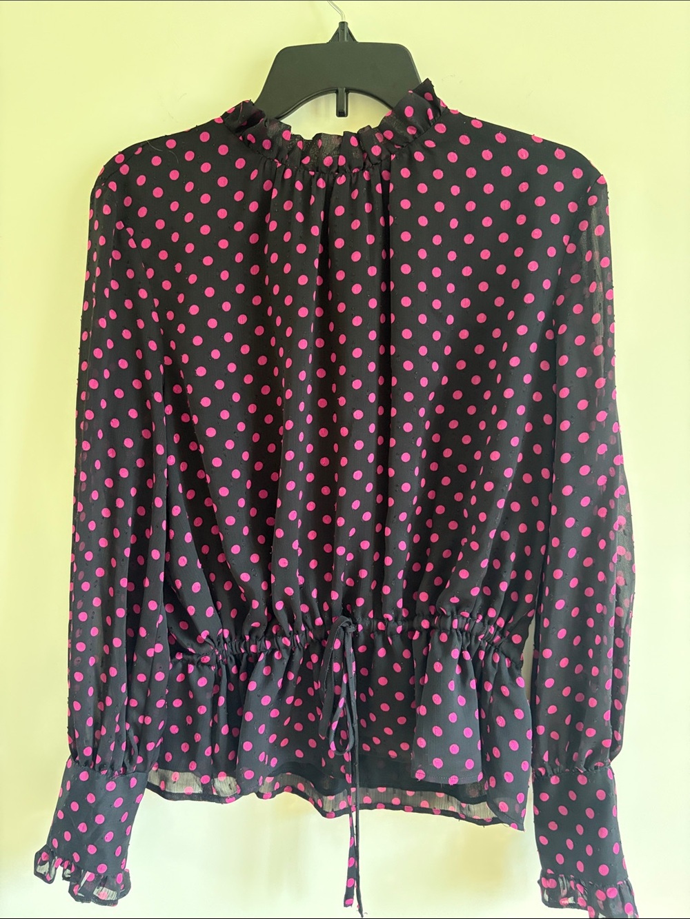 Ann Taylor Black Blouse with Hot Pink Polka Dots